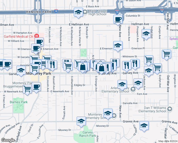 map of restaurants, bars, coffee shops, grocery stores, and more near 126 North Orange Avenue in Monterey Park