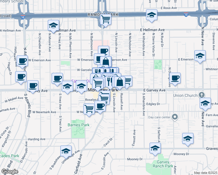 map of restaurants, bars, coffee shops, grocery stores, and more near 124 North Garfield Avenue in Monterey Park