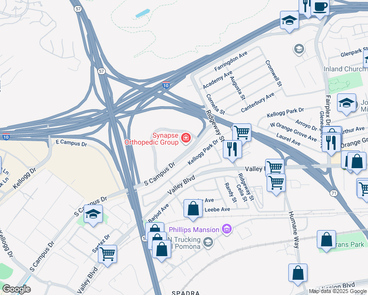 map of restaurants, bars, coffee shops, grocery stores, and more near 732 Corporate Center Drive in Pomona