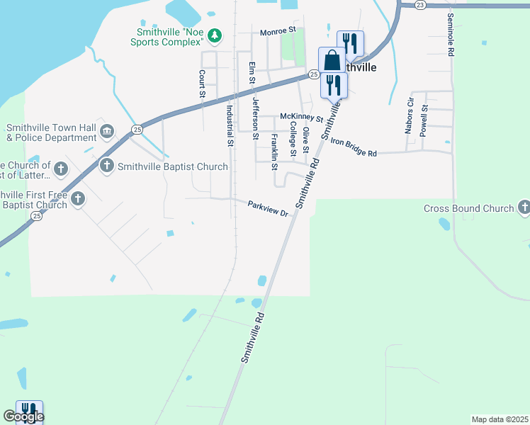 map of restaurants, bars, coffee shops, grocery stores, and more near 60009 Parkview Drive in Smithville