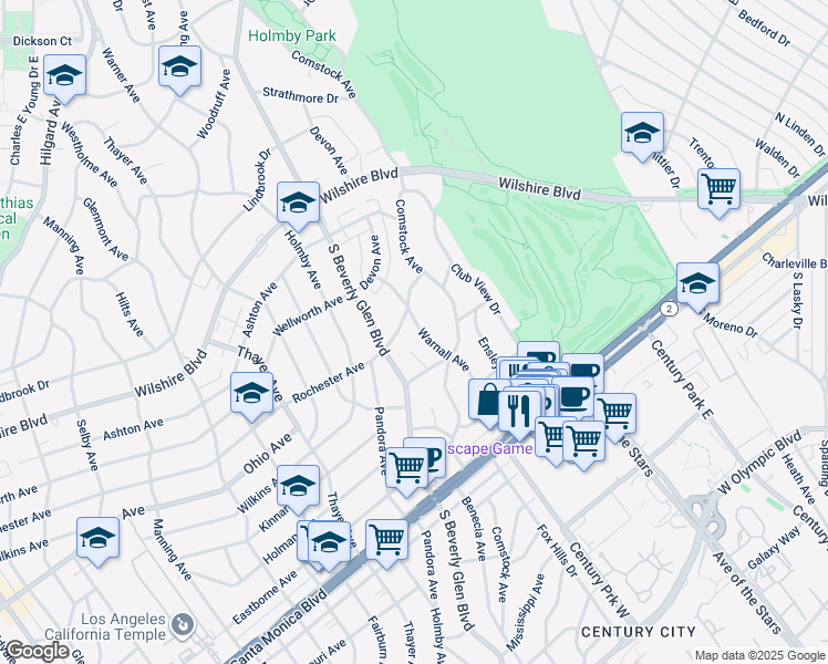 map of restaurants, bars, coffee shops, grocery stores, and more near 1423 Warnall Avenue in Los Angeles