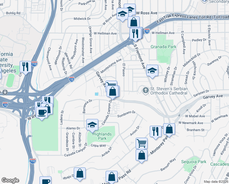 map of restaurants, bars, coffee shops, grocery stores, and more near 2520 Florentina Avenue in Alhambra