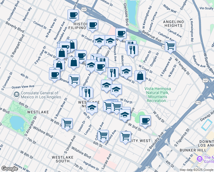 map of restaurants, bars, coffee shops, grocery stores, and more near 119 Union Place in Los Angeles