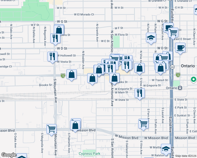 map of restaurants, bars, coffee shops, grocery stores, and more near 765 West Holt Boulevard in Ontario