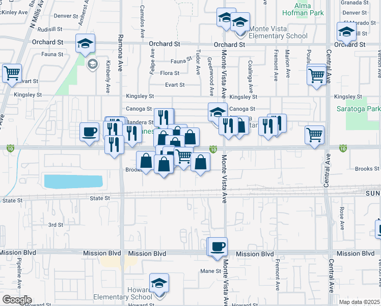 map of restaurants, bars, coffee shops, grocery stores, and more near 4771 Holt Boulevard in Montclair