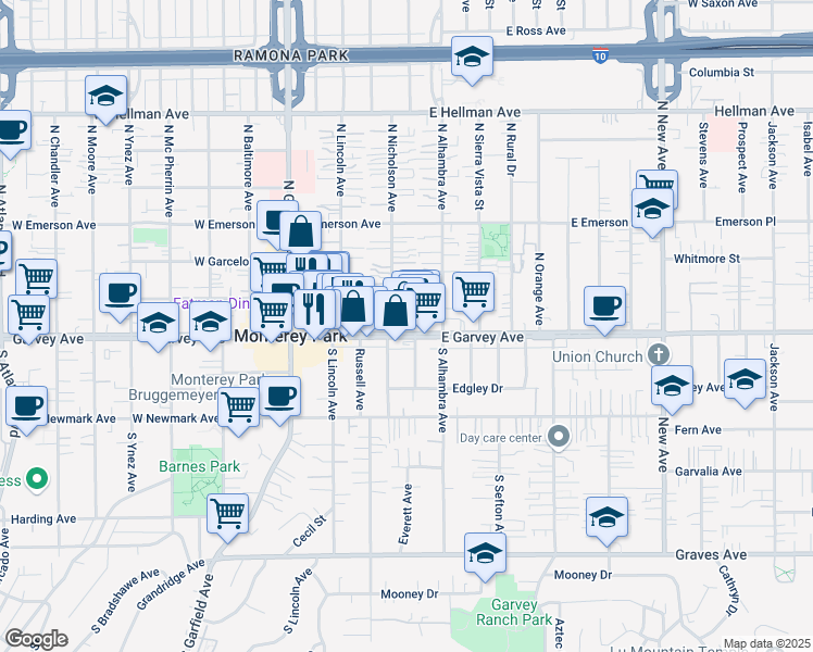 map of restaurants, bars, coffee shops, grocery stores, and more near 123 North Nicholson Avenue in Monterey Park
