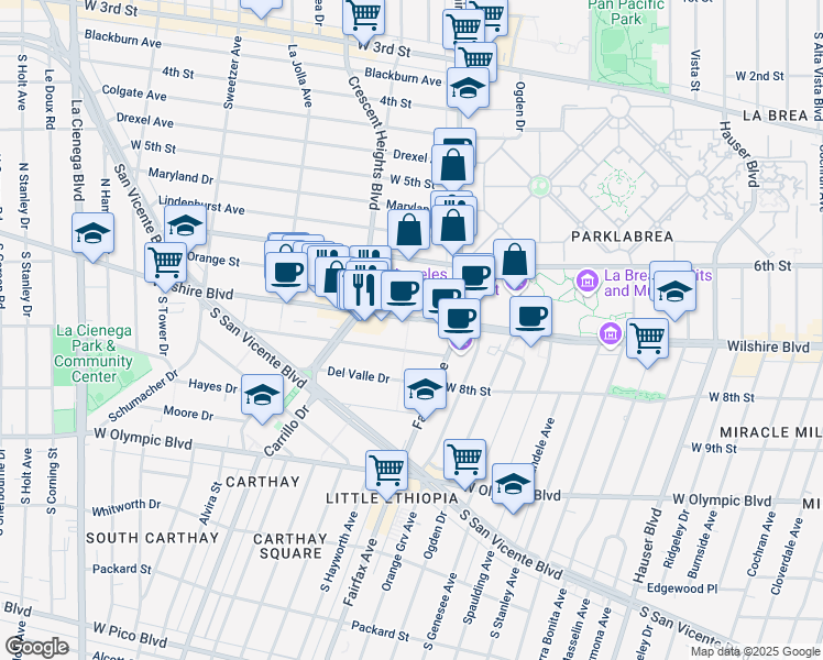 map of restaurants, bars, coffee shops, grocery stores, and more near 6205 Wilshire Boulevard in Los Angeles