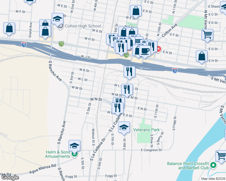 map of restaurants, bars, coffee shops, grocery stores, and more near 263 South 7th Street in Colton