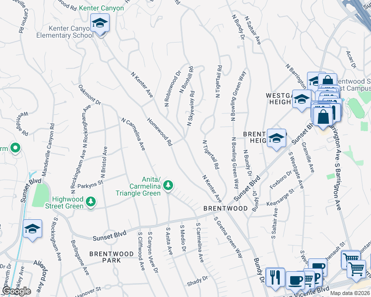 map of restaurants, bars, coffee shops, grocery stores, and more near 265 North Kenter Avenue in Los Angeles
