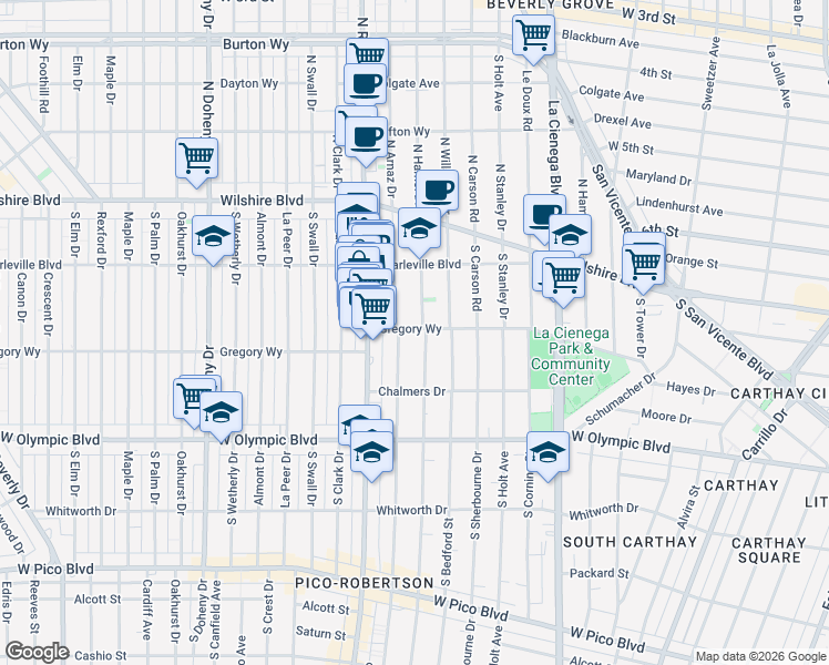 map of restaurants, bars, coffee shops, grocery stores, and more near 219 South Hamel Drive in Beverly Hills