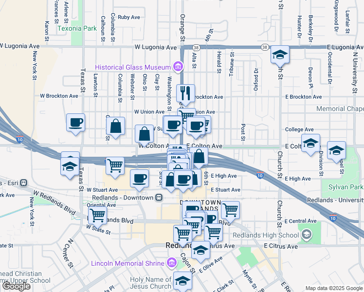 map of restaurants, bars, coffee shops, grocery stores, and more near 1 East Colton Avenue in Redlands