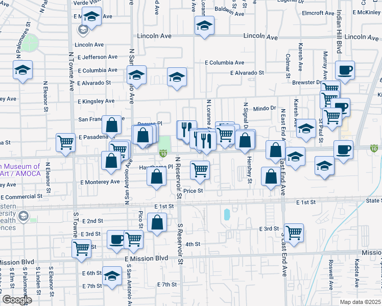 map of restaurants, bars, coffee shops, grocery stores, and more near East Holt Avenue & North Reservoir Street in Pomona