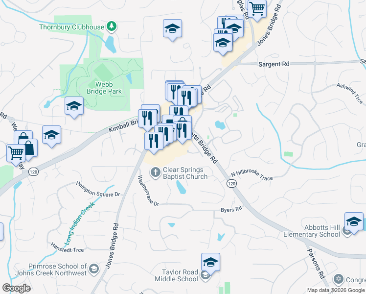 map of restaurants, bars, coffee shops, grocery stores, and more near 5075 Abbotts Bridge Road in Alpharetta