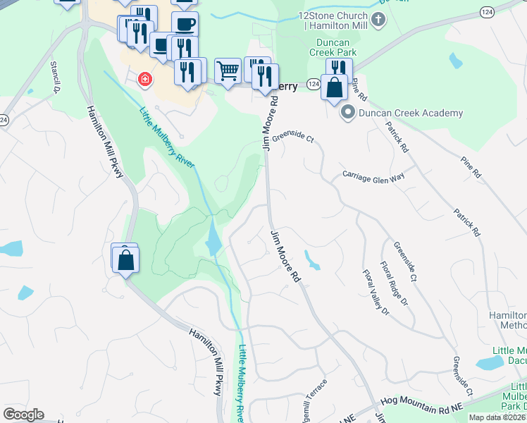 map of restaurants, bars, coffee shops, grocery stores, and more near 2172 Bakers Mill Road in Dacula