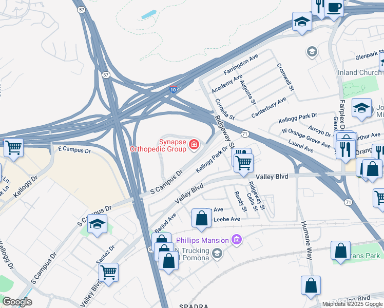 map of restaurants, bars, coffee shops, grocery stores, and more near 732 Corporate Center Drive in Pomona