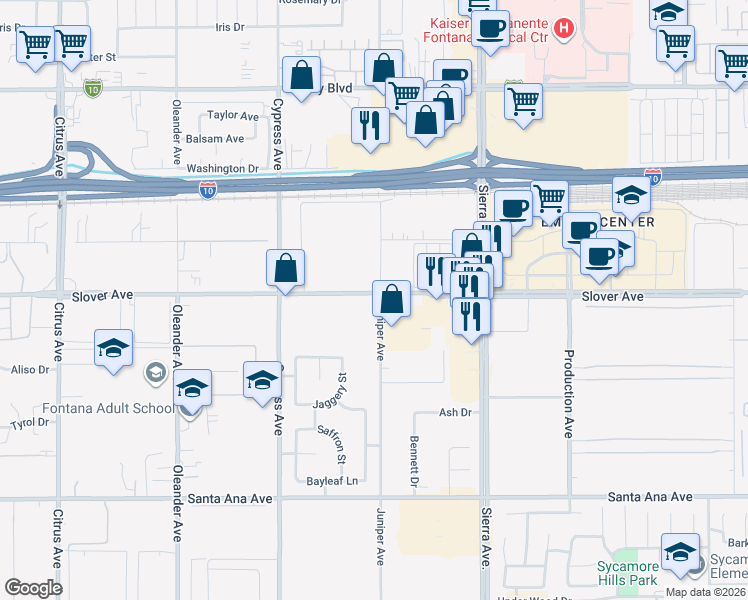 map of restaurants, bars, coffee shops, grocery stores, and more near 10512 Juniper Avenue in Fontana