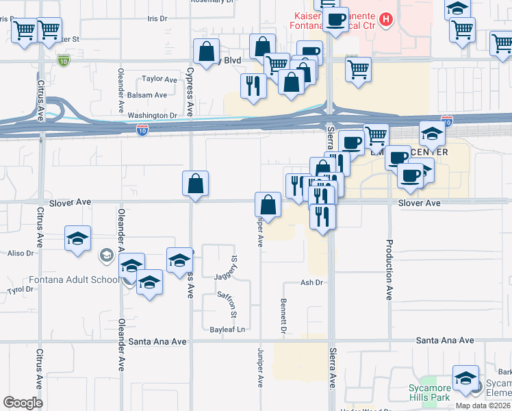 map of restaurants, bars, coffee shops, grocery stores, and more near 10512 Juniper Avenue in Fontana