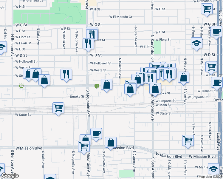 map of restaurants, bars, coffee shops, grocery stores, and more near 943 West Holt Boulevard in Ontario