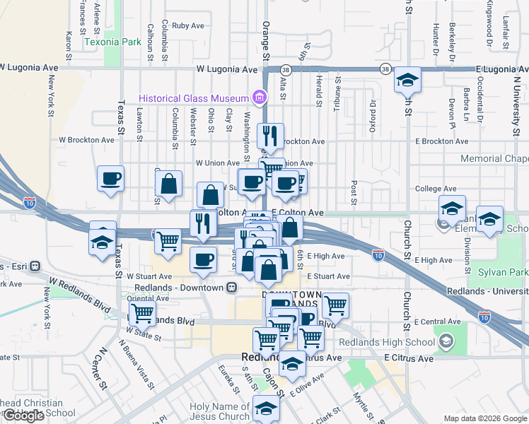 map of restaurants, bars, coffee shops, grocery stores, and more near 2 East Colton Avenue in Redlands