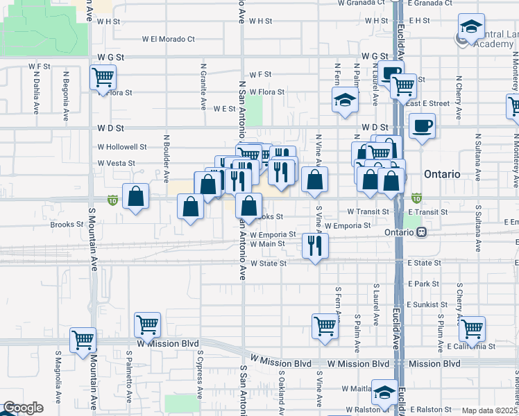 map of restaurants, bars, coffee shops, grocery stores, and more near 646 West Holt Boulevard in Ontario