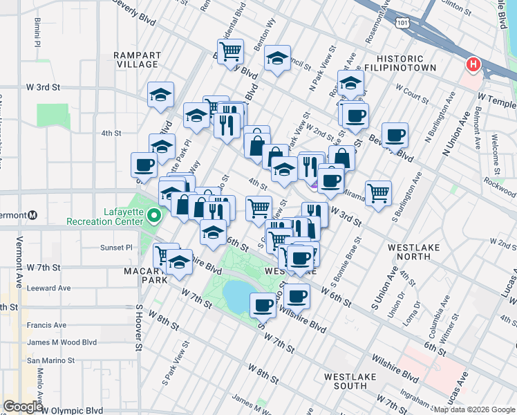 map of restaurants, bars, coffee shops, grocery stores, and more near 412 South Park View Street in Los Angeles