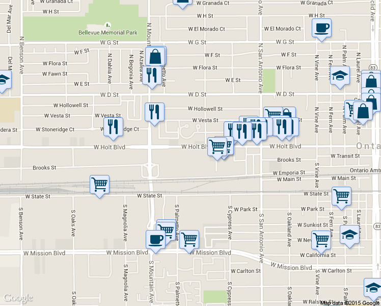 map of restaurants, bars, coffee shops, grocery stores, and more near 943 W Holt Blvd in Ontario