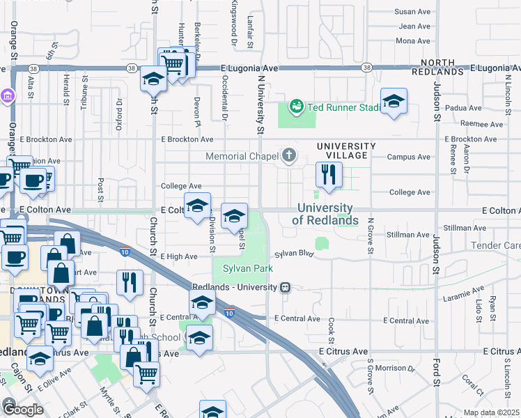 map of restaurants, bars, coffee shops, grocery stores, and more near University of Redlands in Redlands