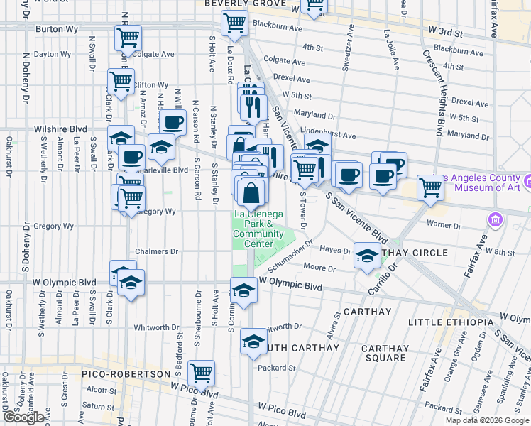 map of restaurants, bars, coffee shops, grocery stores, and more near 225 South Hamilton Drive in Beverly Hills