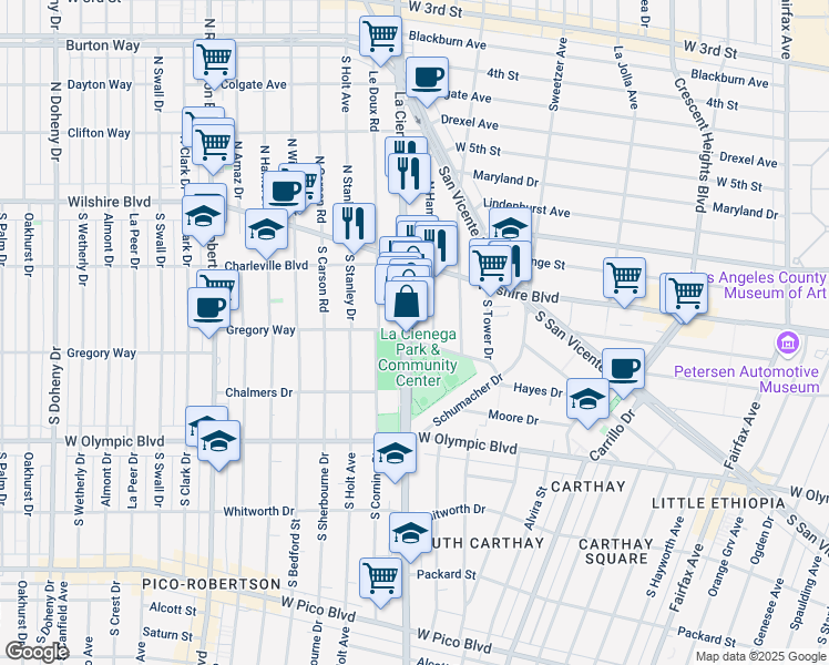map of restaurants, bars, coffee shops, grocery stores, and more near 219 South Hamilton Drive in Beverly Hills