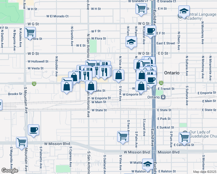 map of restaurants, bars, coffee shops, grocery stores, and more near 530 West Holt Boulevard in Ontario