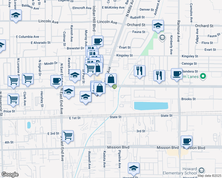 map of restaurants, bars, coffee shops, grocery stores, and more near 4020 Holt Boulevard in Montclair