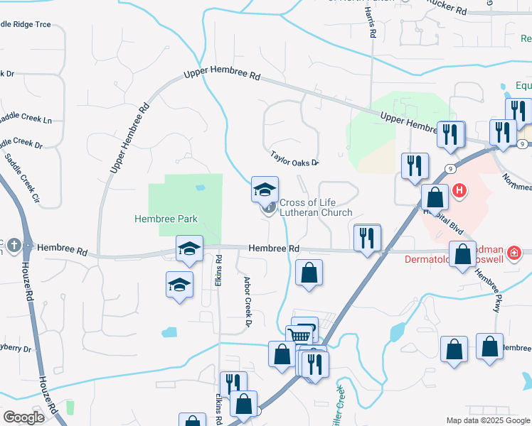 map of restaurants, bars, coffee shops, grocery stores, and more near 1000 Hembree Road in Roswell