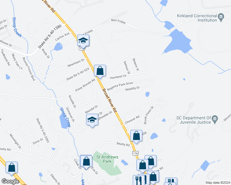 map of restaurants, bars, coffee shops, grocery stores, and more near 116 Nobility Drive in Columbia