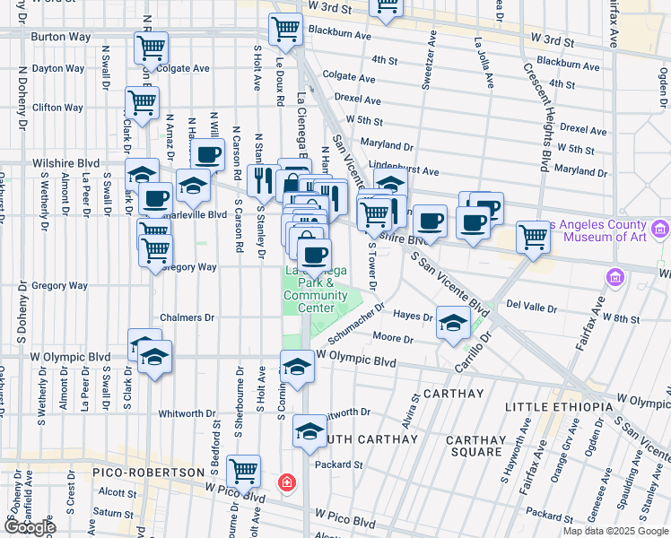 map of restaurants, bars, coffee shops, grocery stores, and more near 230 South Hamilton Drive in Beverly Hills