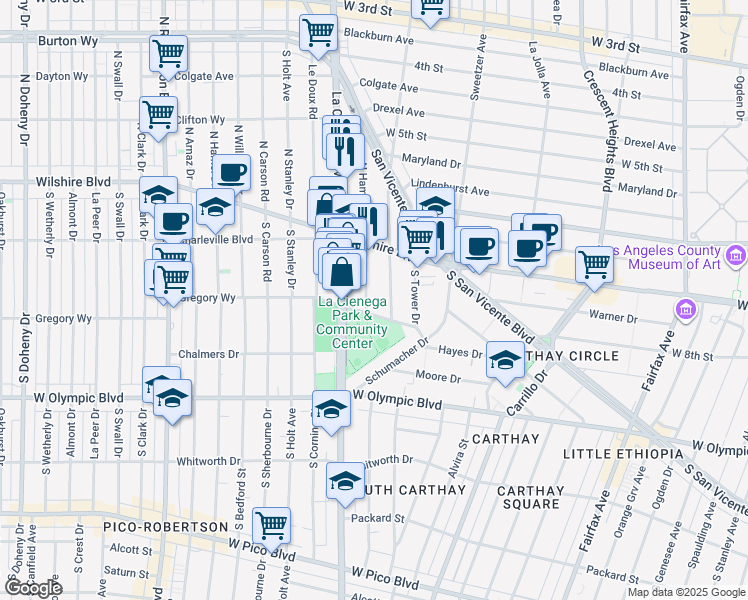 map of restaurants, bars, coffee shops, grocery stores, and more near 230 South Hamilton Drive in Beverly Hills