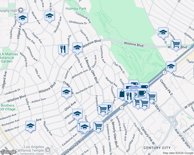 map of restaurants, bars, coffee shops, grocery stores, and more near 1360 South Beverly Glen Boulevard in Los Angeles