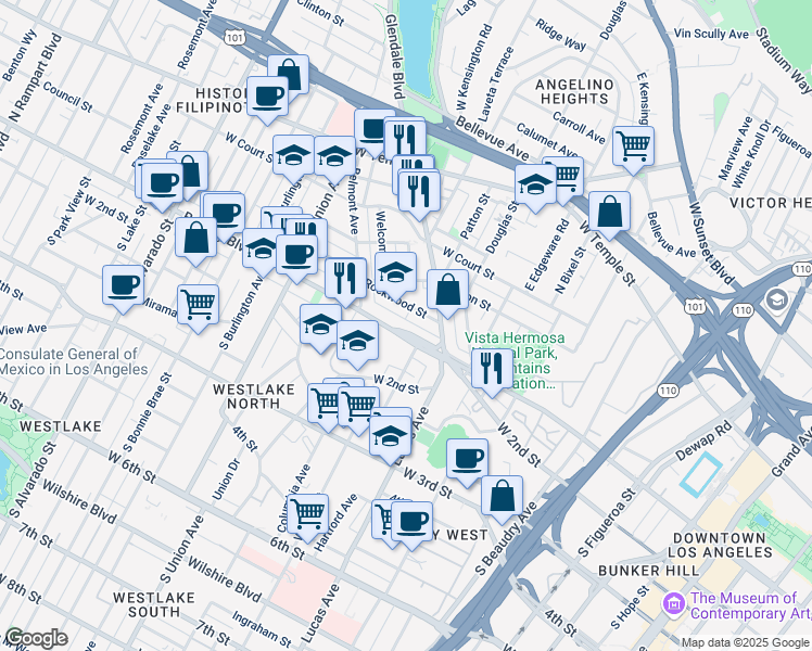 map of restaurants, bars, coffee shops, grocery stores, and more near 1552 Rockwood Street in Los Angeles