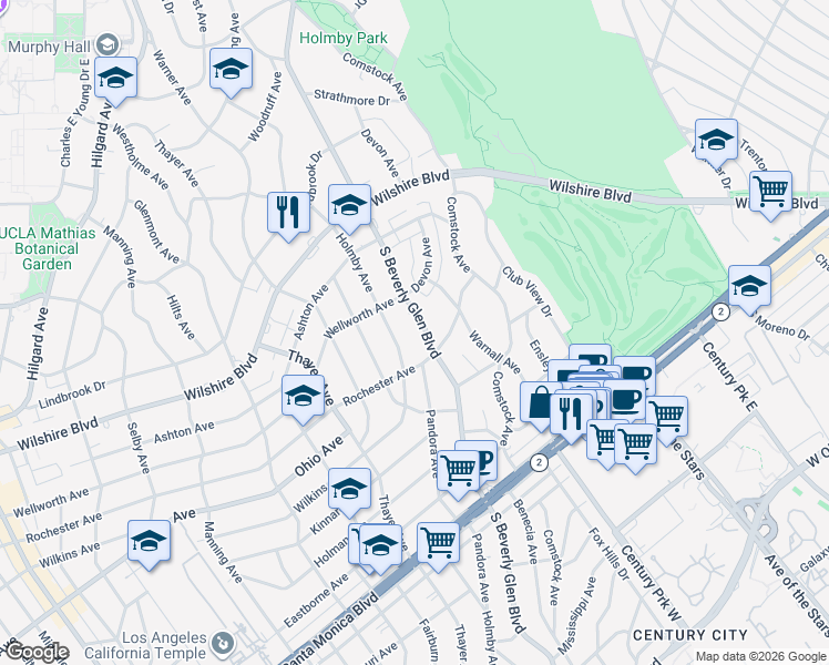 map of restaurants, bars, coffee shops, grocery stores, and more near 1345 South Beverly Glen Boulevard in Los Angeles