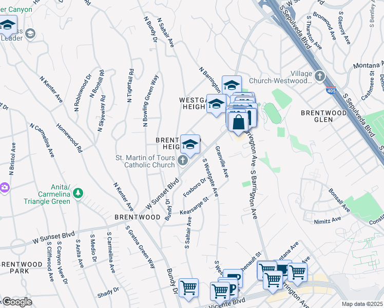 map of restaurants, bars, coffee shops, grocery stores, and more near 11937 Sunset Boulevard in Los Angeles