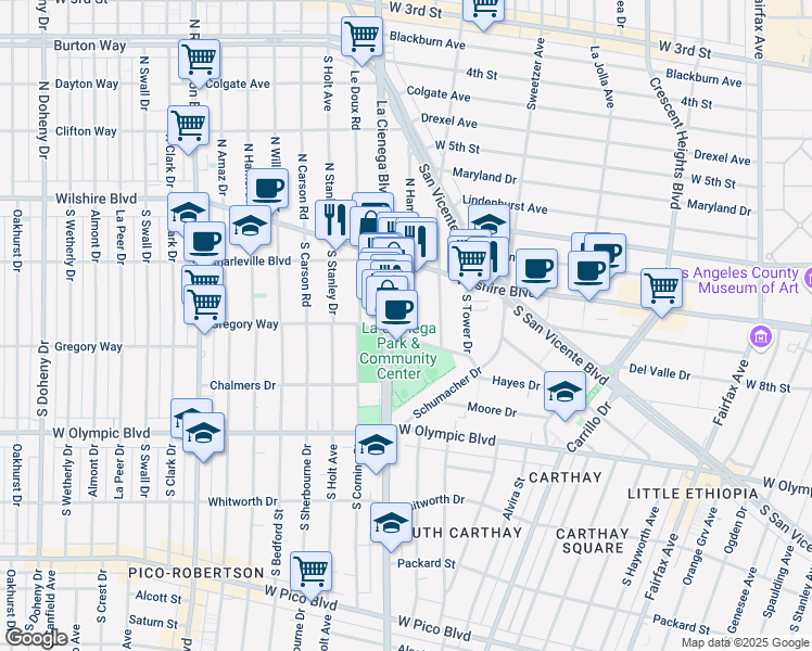 map of restaurants, bars, coffee shops, grocery stores, and more near 225 South Hamilton Drive in Beverly Hills