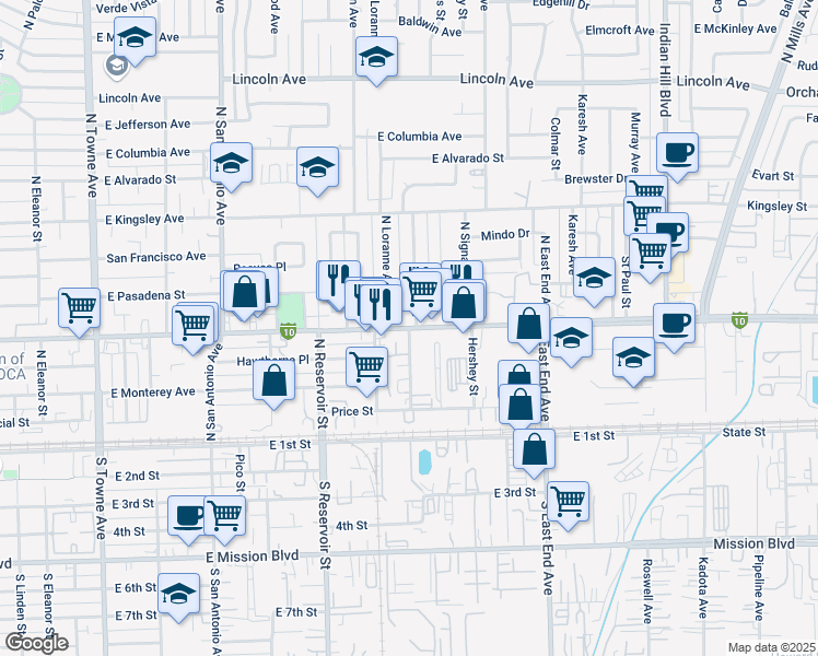 map of restaurants, bars, coffee shops, grocery stores, and more near East Holt Avenue & Clark Avenue in Pomona