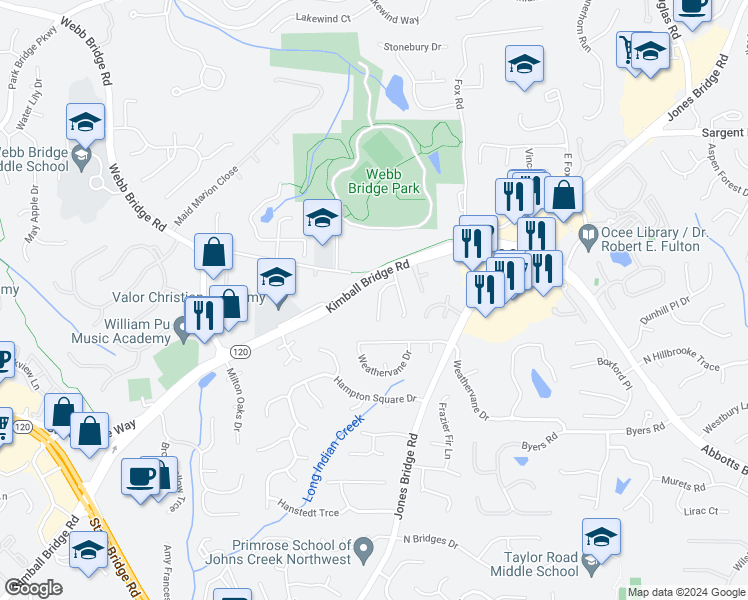 map of restaurants, bars, coffee shops, grocery stores, and more near 765 Kimball Parc Court in Alpharetta