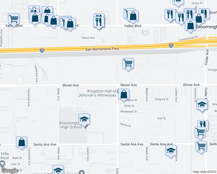 map of restaurants, bars, coffee shops, grocery stores, and more near 18025 Slover Avenue in Bloomington