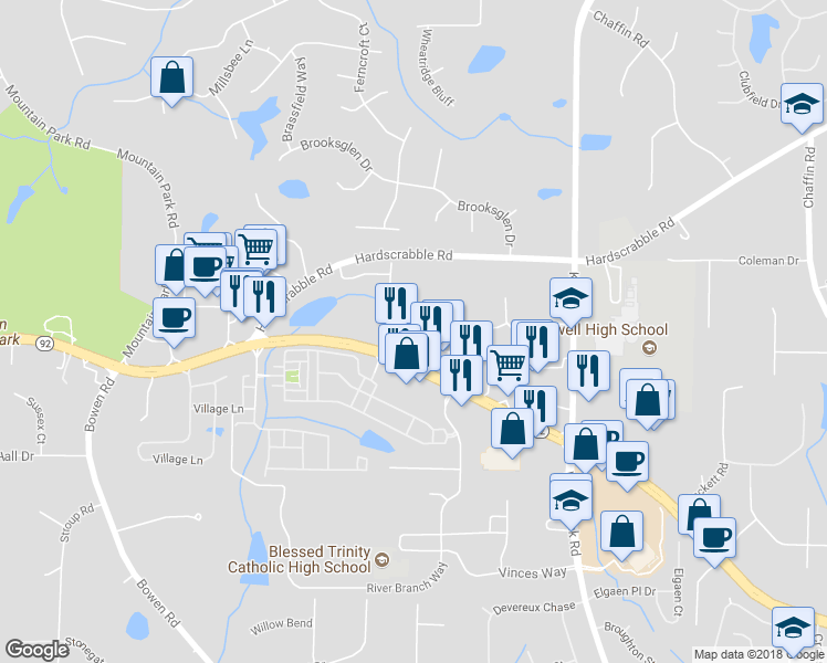 map of restaurants, bars, coffee shops, grocery stores, and more near 3004 Manchester Circle in Roswell