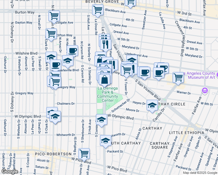 map of restaurants, bars, coffee shops, grocery stores, and more near 225 South Hamilton Drive in Beverly Hills
