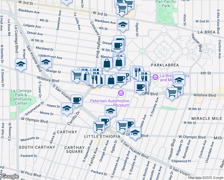 map of restaurants, bars, coffee shops, grocery stores, and more near 6111 Wilshire Boulevard in Los Angeles