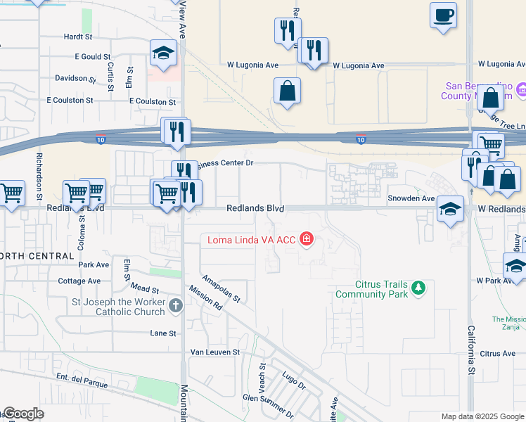 map of restaurants, bars, coffee shops, grocery stores, and more near 10482 Enterprise Drive in Redlands