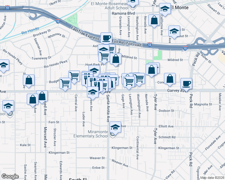 map of restaurants, bars, coffee shops, grocery stores, and more near 3017 Santa Anita Avenue in South El Monte