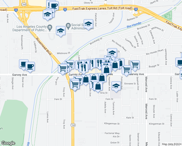 map of restaurants, bars, coffee shops, grocery stores, and more near 9571 Garvey Avenue in South El Monte