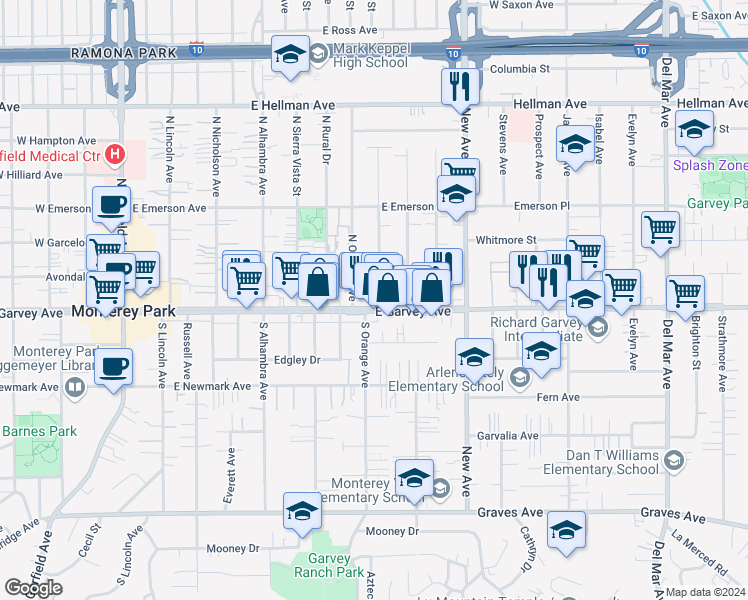 map of restaurants, bars, coffee shops, grocery stores, and more near 120 Gladys Avenue in Monterey Park
